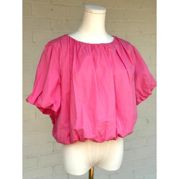 & Merci Hot Pink Women's Crop Top Bubble Sleeves Large Casual Spring Summer - Picture 2 of 10